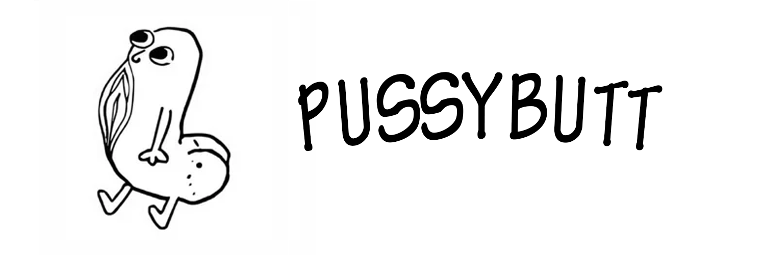 PUSSYBUTT banner — hand-drawn mascot and logo